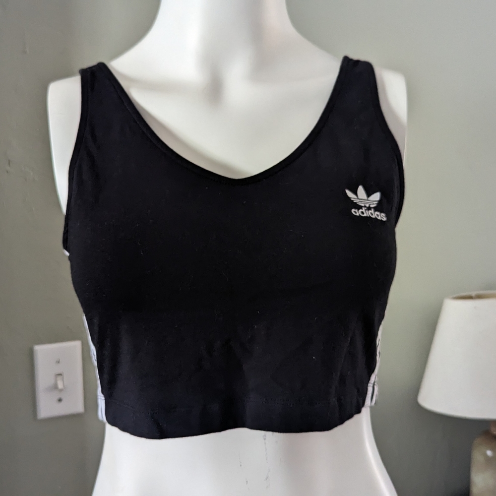 Adidas women’s black crop top White side stripes Size Medium